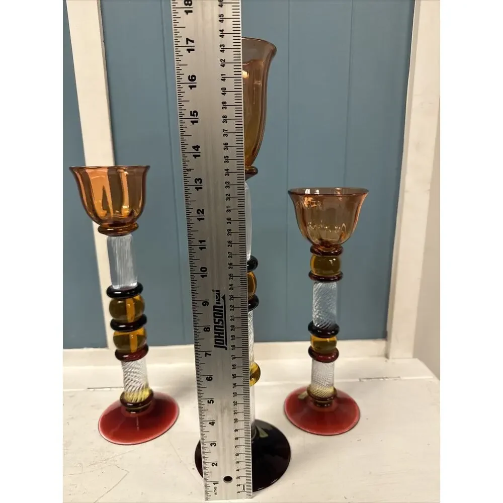 Set Of 3 Signed Czech Glass Z Fusion Art Glass Candlesticks Hand Blown‎ Helix